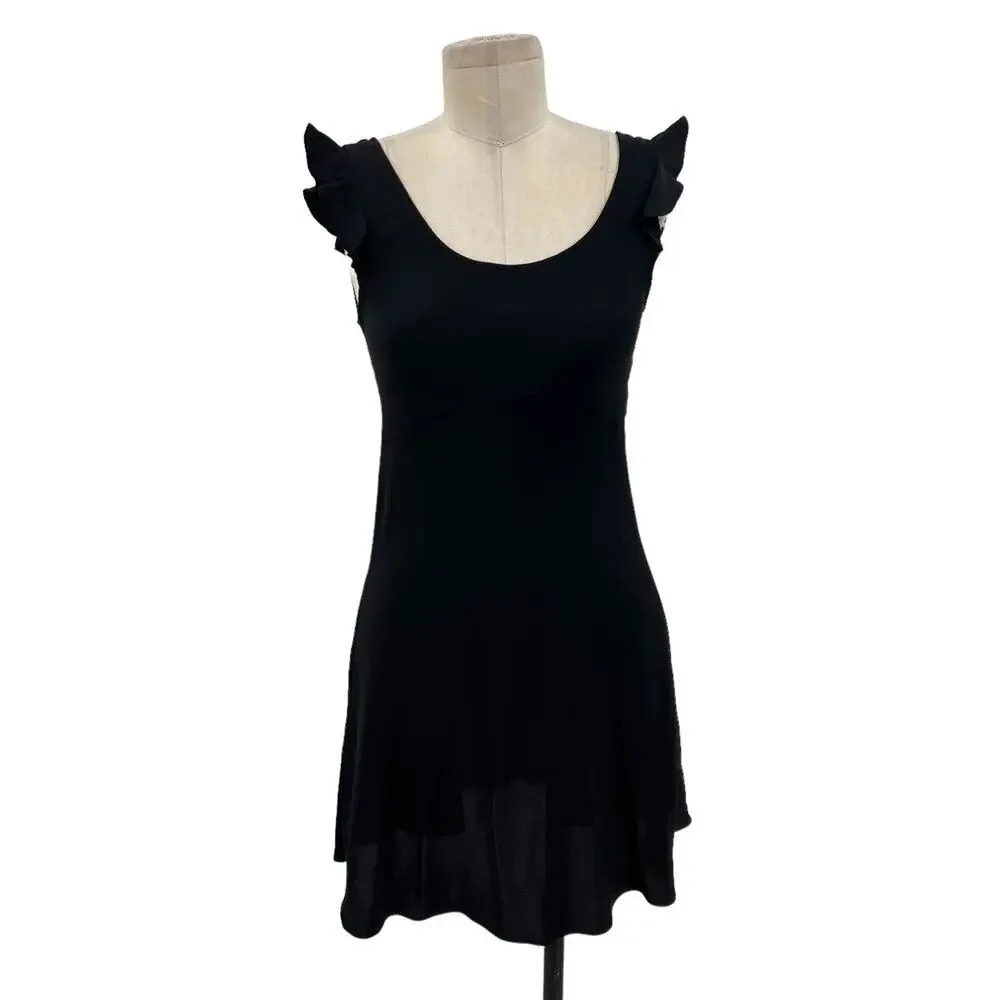 Betsey Johnson Vintage Black Ruffle Sleeve Mini Dress LBD Size XS